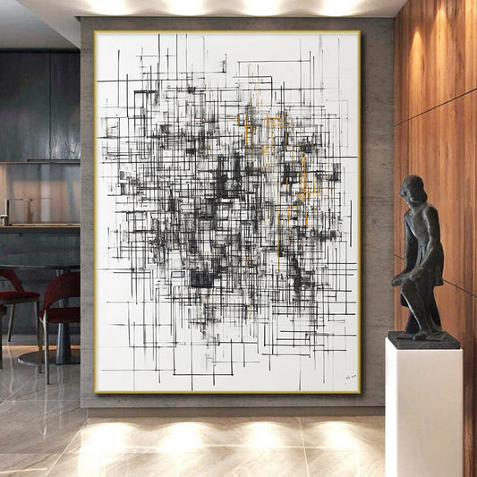 Black, White, Gray, Gold, Grid of Lines "Gilded Matrix" Abstract Minimalist Painting On Canvas HB125