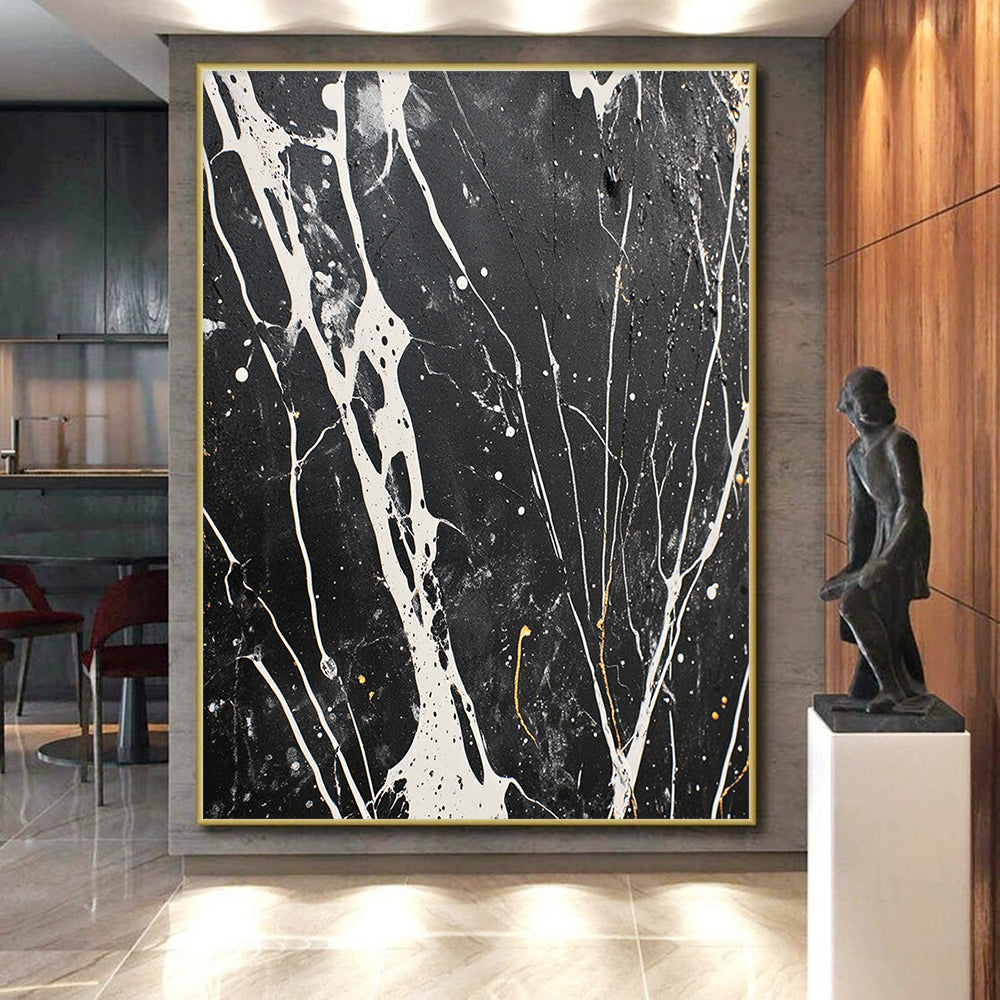 Black, White, Gray, Gold, Intricate Veins "Marbled Night" Abstract Modernist Painting On Canvas HB065