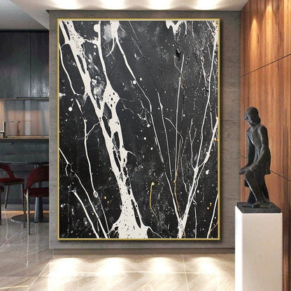 Black, White, Gray, Gold, Intricate Veins "Marbled Night" Abstract Modernist Painting On Canvas HB065