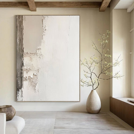 Contemporary abstract painting featuring a white plaster wall with chipped edges in neutral tones for a minimalistic and simple aesthetic. DLZ0608