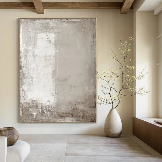Contemporary hand-painted abstract art featuring soft neutral tones and aged textures with subtle outlines of buildings and trees for depth. DLZ1278