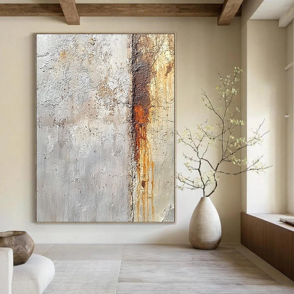 Contemporary large hand-painted abstract artwork showcasing detailed textures of concrete and rust in neutral colors inspired by Sargent and Sturgis. DLZ1506