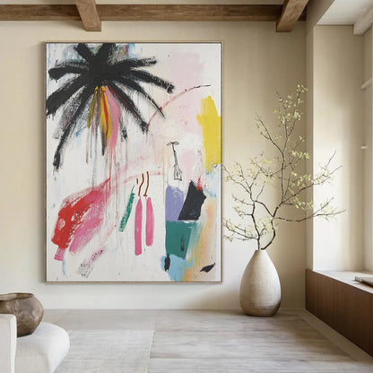 Contemporary hand-painted abstract art featuring palm trees and vibrant colors with a unique figure, blending raw strokes and minimalistic elements. DLZ0633