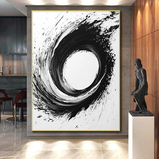Black, White, Dynamic Circular Swirl "Whirlwind Ink" Abstract Expressionist Painting On Canvas HB133