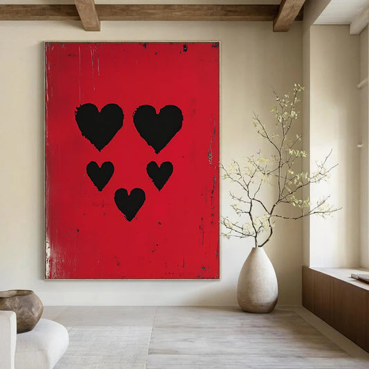 Contemporary abstract artwork featuring three black hearts against a vibrant red background, inspired by pop art and modern portraiture. DLZ1712