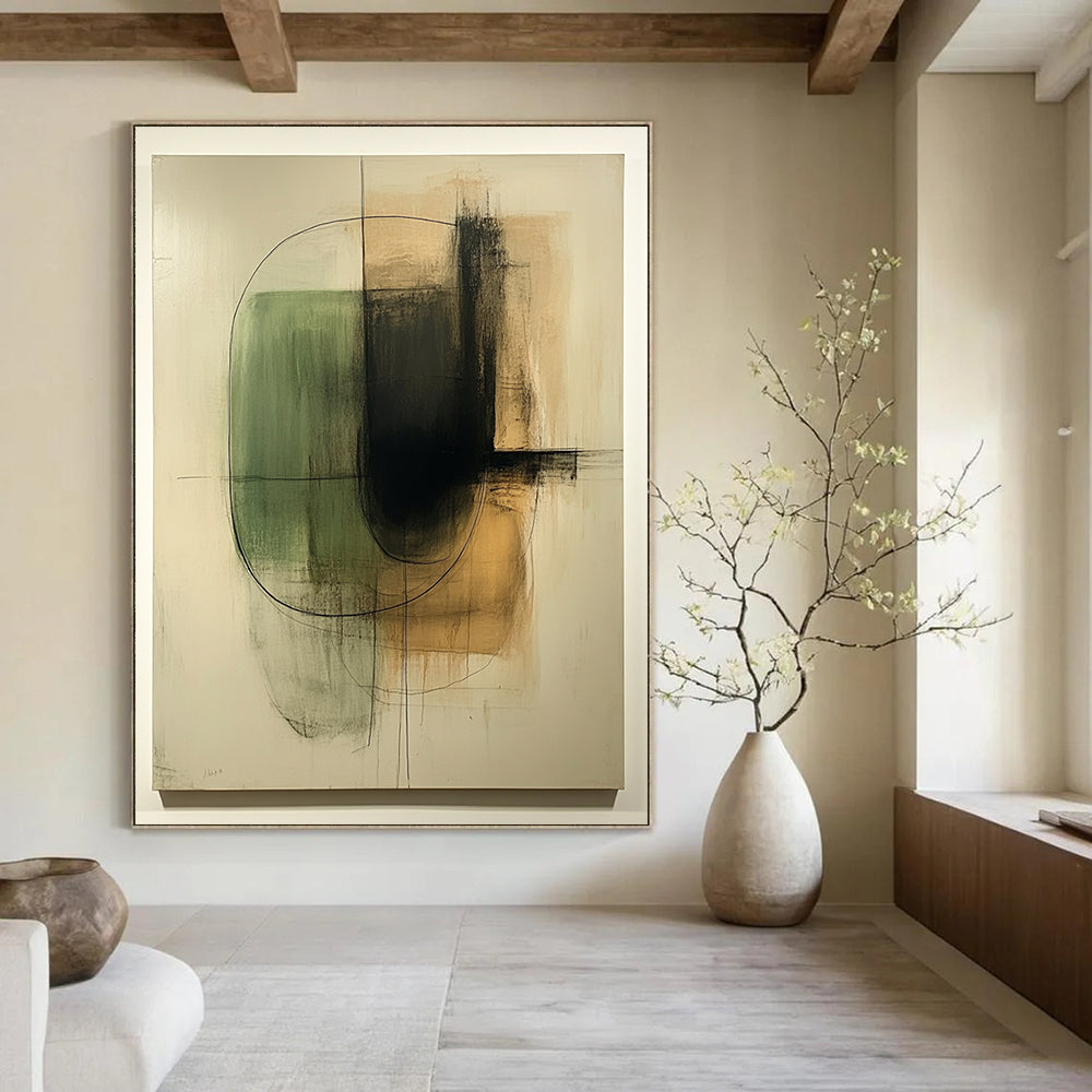 Contemporary hand-painted abstract art featuring organic shapes in green and beige on a textured white canvas with thin black lines and earth tones. DLZ1582
