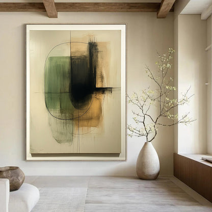 Contemporary hand-painted abstract art featuring organic shapes in green and beige on a textured white canvas with thin black lines and earth tones. DLZ1582