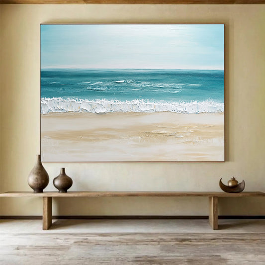 “Minimalist Beach” - Soft Blues, Beiges, Whites, Calm Beach Scene - Impasto Oil Painting HB1745