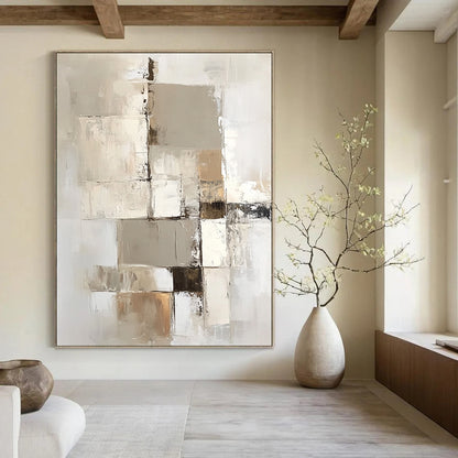 Large contemporary abstract painting with a beige and white palette showcasing geometric shapes and textures on a vertical canvas. DLZ0697