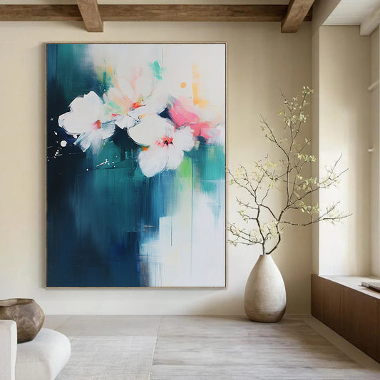 Contemporary abstract art featuring bold brush strokes on a white backdrop with aqua blue and pink floral accents. DLZ0750