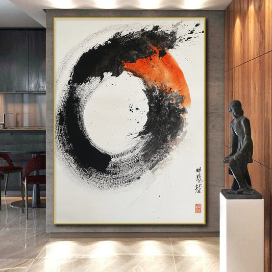 Black, White, Orange, Gray, Textured Circle "Fiery Enso" Abstract Expressionist Painting On Canvas HB106