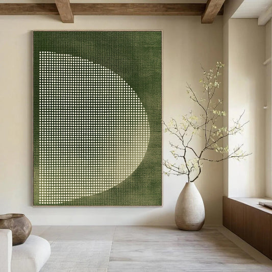 Contemporary hand-painted abstract art featuring a green background with white dotted lines and a half moon in minimalistic vintage style. DLZ1580