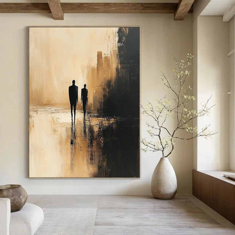 Contemporary abstract painting featuring minimalist human figures in dark beige and black against a blurred cityscape with textured canvas and soft lighting. DLZ0556
