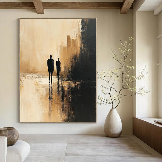 Contemporary abstract painting featuring minimalist human figures in dark beige and black against a blurred cityscape with textured canvas and soft lighting. DLZ0556