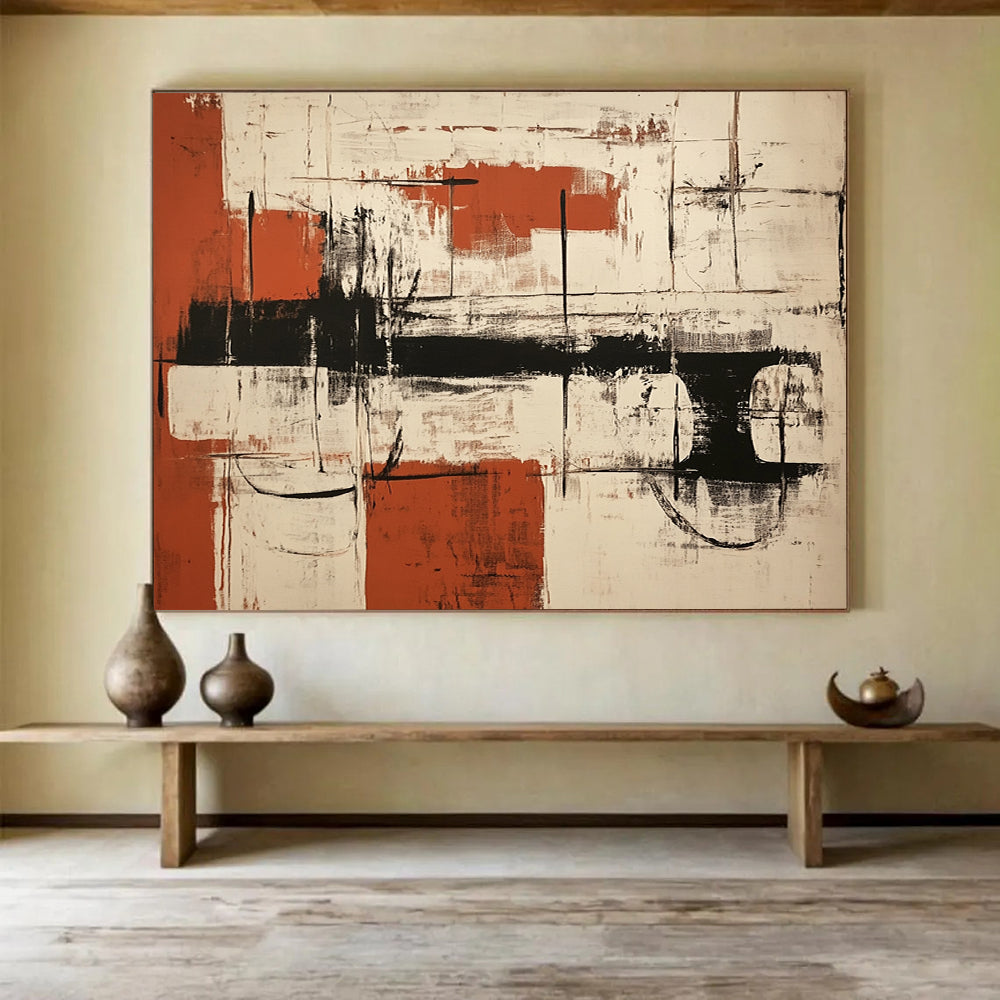 “Red Black White Abstract” - Red, Black, White, Textured Forms, Grid Elements - Painting On Canvas HB1439