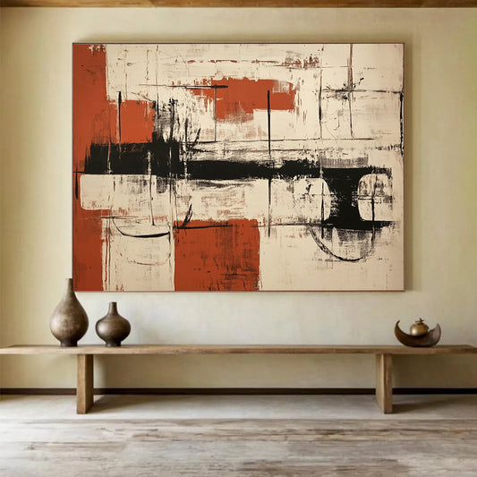 “Red Black White Abstract” - Red, Black, White, Textured Forms, Grid Elements - Painting On Canvas HB1439