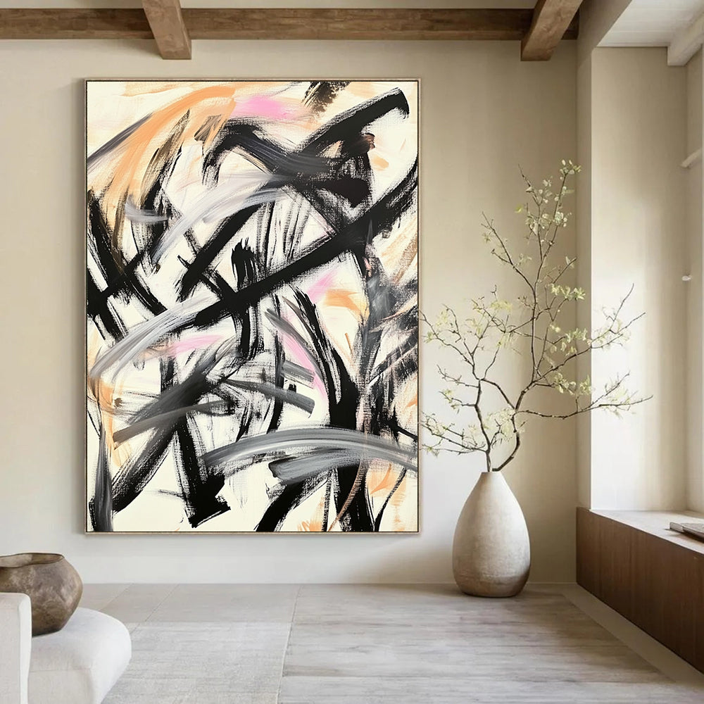 Contemporary hand-painted abstract art featuring Chinese calligraphy black brush strokes with gold and pink accents for a dynamic expression. DLZ1563