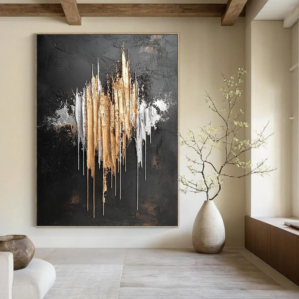 Contemporary hand-painted abstract artwork featuring silver and gold metallic drips on a striking black background inspired by Jackson Pollock. DLZ0802
