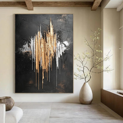 Contemporary hand-painted abstract artwork featuring silver and gold metallic drips on a striking black background inspired by Jackson Pollock. DLZ0802