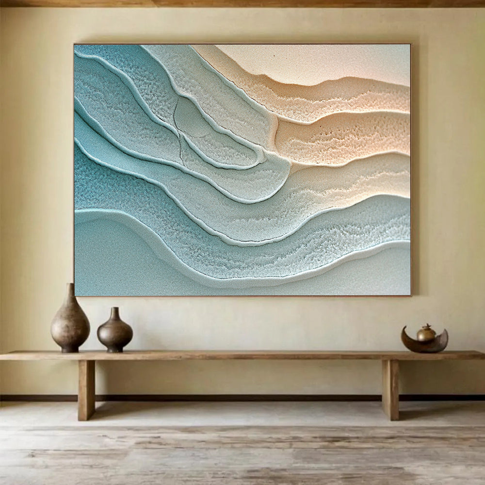 “Blue - Beige Textured Wavy Layers” - Abstract Textural Painting On Canvas HB0512