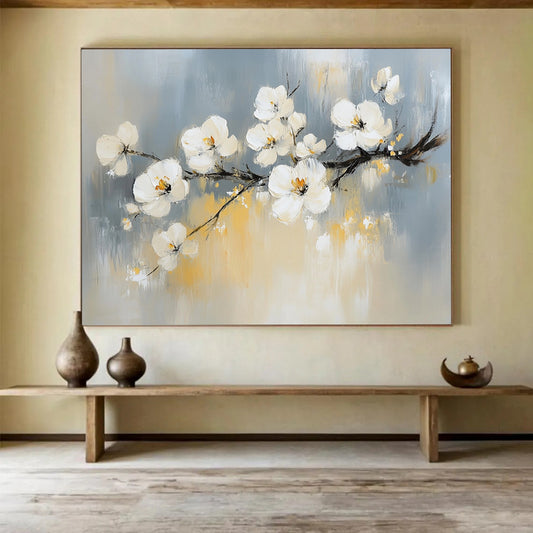 “White Blossoms On Branch” - Gray, White, Yellow, Impressionist Floral Painting On Canvas HB0682