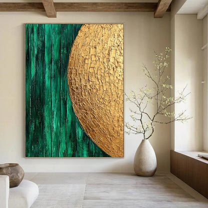 Contemporary hand-painted abstract art featuring emerald green and gold with smooth brush strokes and organic white textured patterns. DLZ0916