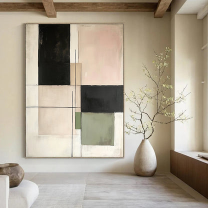 Contemporary hand-painted abstract art featuring minimalist squares and lines in neutral tones of beige black green and white on canvas. DLZ1629