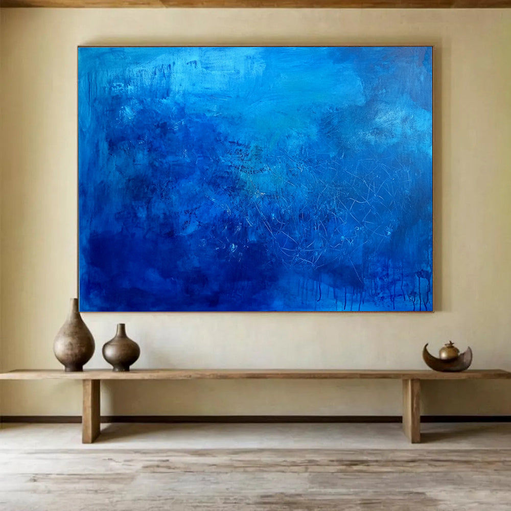 “Deep Blue Textured Abstraction” - Blue, White, Textured Swirls Painting On Canvas HB0814