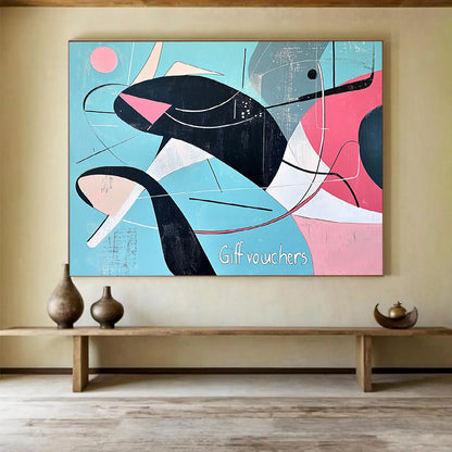 “Mid - Century Modern Whale” - Black, Pink, Blue, Geometric Whale HB1127
