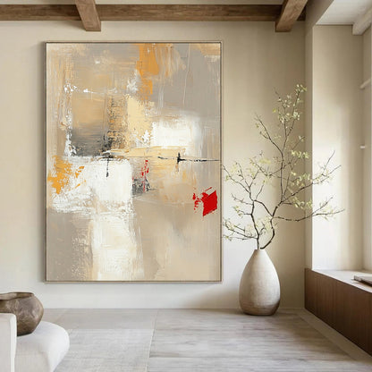 Contemporary hand-painted abstract artwork featuring neutral tones with red and yellow accents large white spaces and dynamic brush strokes and textures. DLZ0922