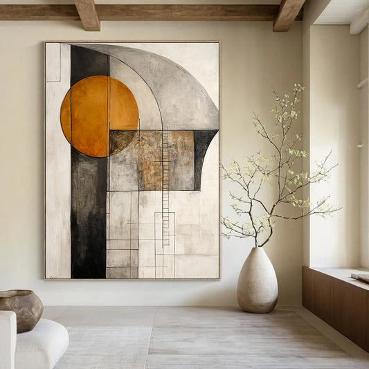 Contemporary abstract artwork featuring an orange circle and gray shapes with a large dark brown arch and a delicate ladder line drawing on a white background. DLZ1016