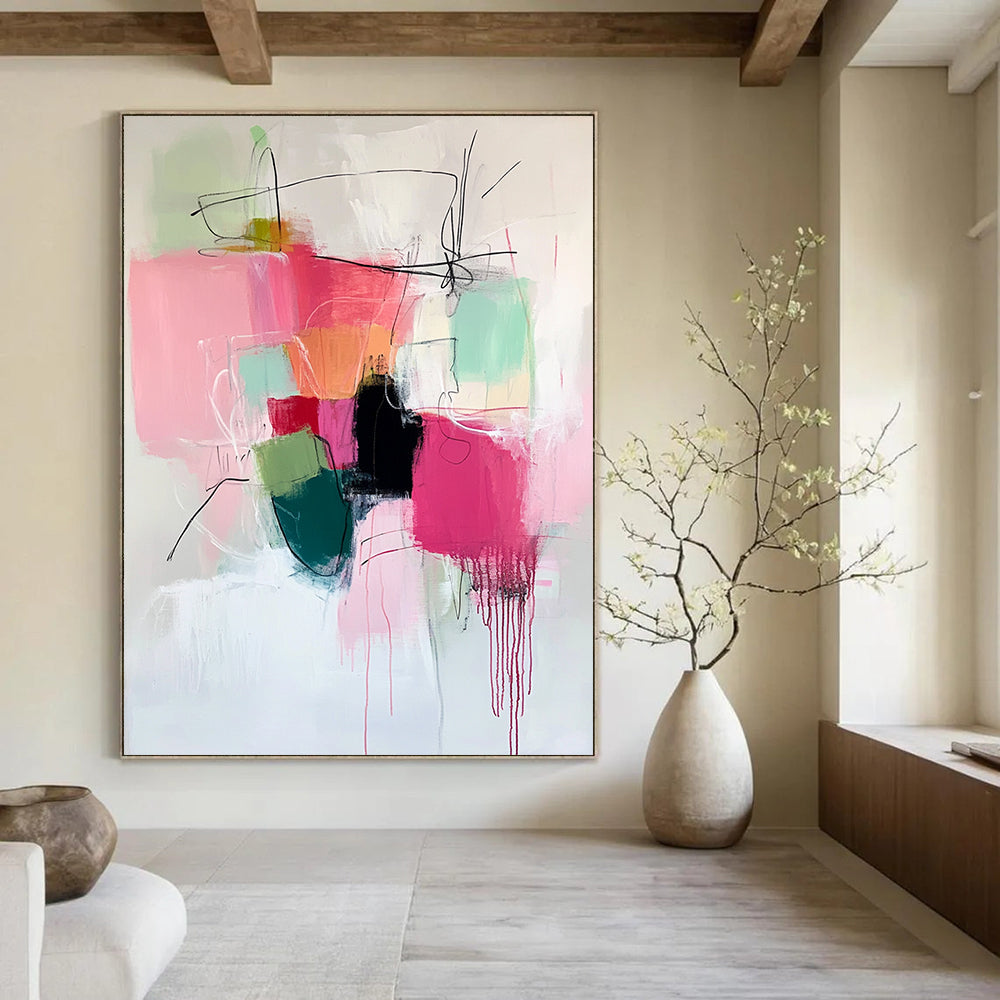 Large contemporary hand-painted abstract artwork featuring vibrant pinks and greens with expressive brush strokes and thick black line work adding depth. DLZ0907
