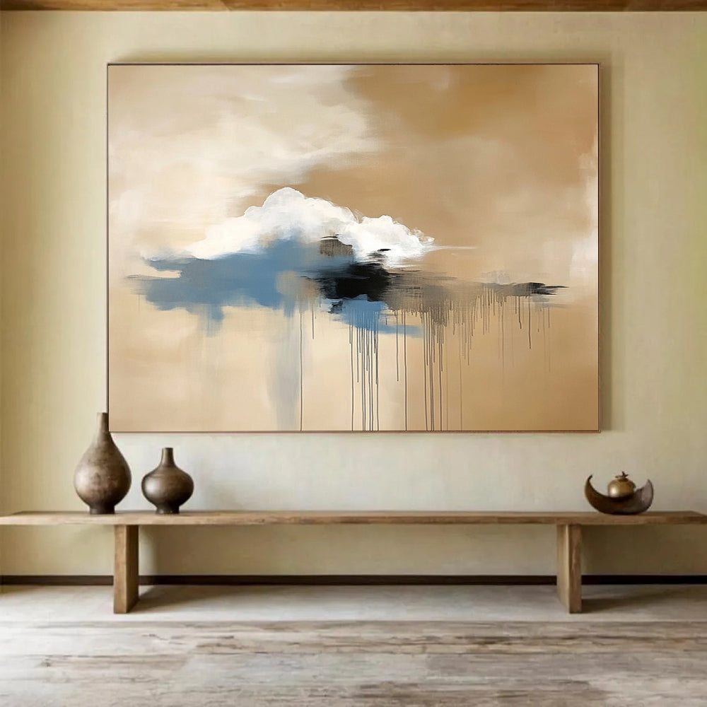 “Floating Cloud Dreamscape” - Beige, White, Blue, Black, Abstract Cloud - like Forms with Drips Painting On Canvas HB1082