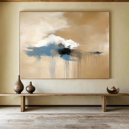 “Floating Cloud Dreamscape” - Beige, White, Blue, Black, Abstract Cloud - like Forms with Drips Painting On Canvas HB1082