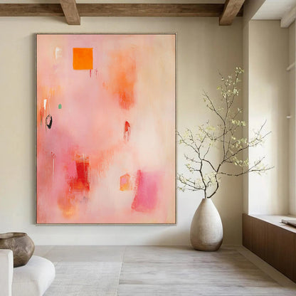 Contemporary hand-painted abstract artwork featuring soft pinks and oranges with organic brush strokes and vibrant yellow and red shapes. DLZ0926