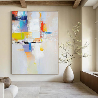 Contemporary hand-painted abstract artwork featuring vibrant colors and dynamic shapes perfect for elevating modern spaces. DLZ1780