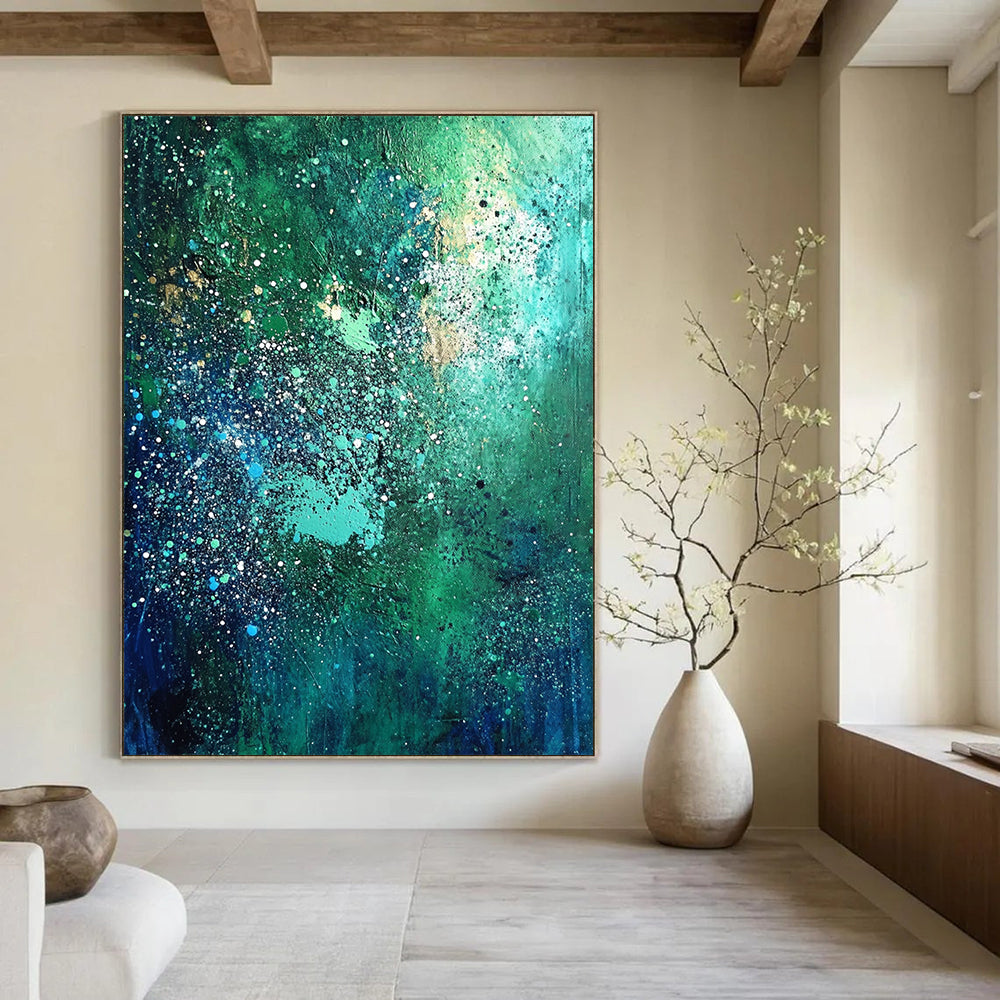 Contemporary abstract artwork in vibrant blues and greens adorned with white speckles and shimmering stars, perfect for elevating any space. DLZ0530