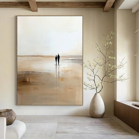 Contemporary abstract artwork depicting two figures strolling on the beach in soft beige and white hues creating a serene minimalist ambiance. DLZ0663