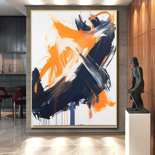 White, Orange, Black, Gray, Bold Brushstrokes "Fiery Clash" Abstract Expressionist Painting On Canvas HB056