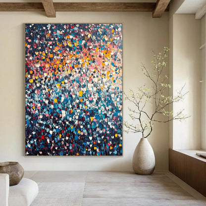 Vibrant contemporary hand-painted abstract artwork featuring a stunning array of tiny flowers in vivid colors against a dark clouded sky. DLZ1007