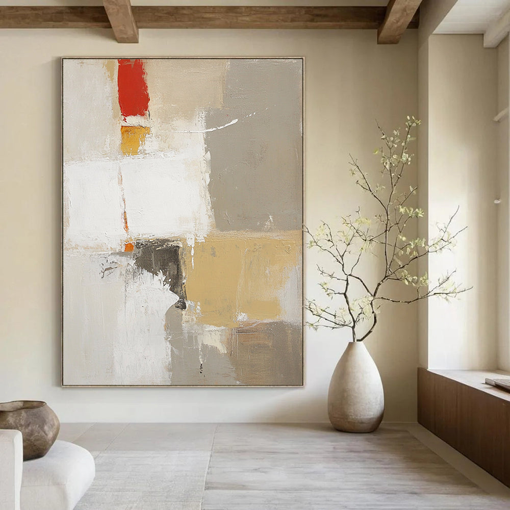 Large contemporary abstract artwork featuring textured layers in white with red and yellow accents and soft brush strokes. DLZ0919