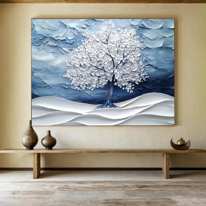 Blue and White Textured Tree "Winter Whisper" Painting On Canvas HB0423