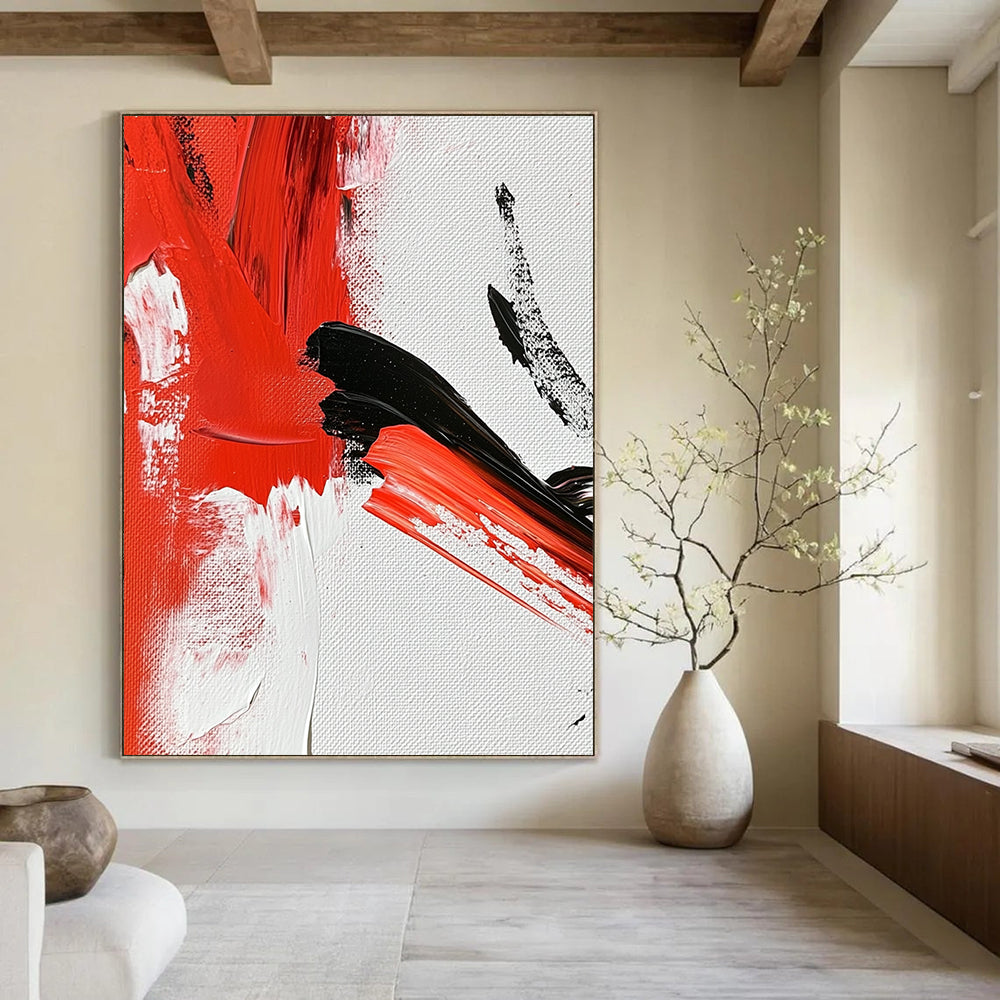 Contemporary abstract painting featuring vibrant red and white strokes on canvas with intricate details reminiscent of traditional ink techniques. DLZ0787