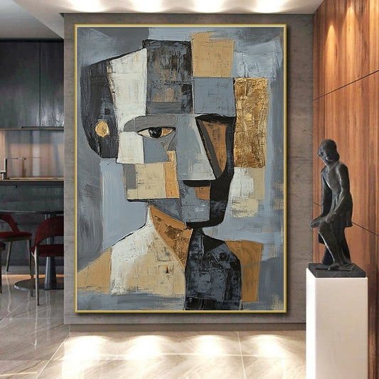 Gray, Black, White, Gold and Brown Cubist Portrait "Abstract Identity" Painting On Canvas HB356