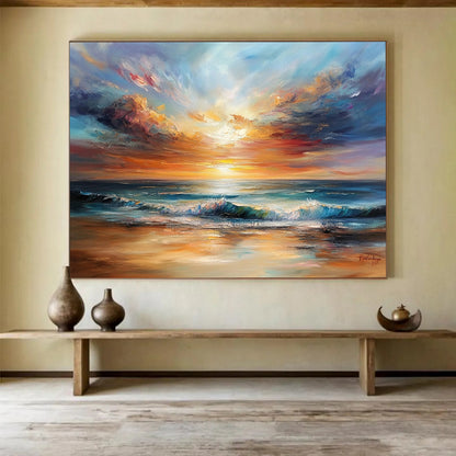 Golden - Hued Sea Sunset with Vibrant Skies - Impasto Seaside Painting On Canvas HB0444