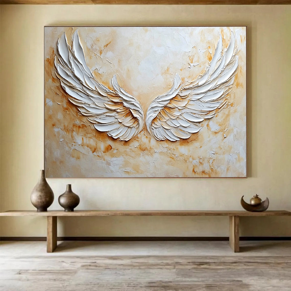 “3D White Angel Wings” - White, Beige, Textured 3D Wings Painting On Canvas HB0781
