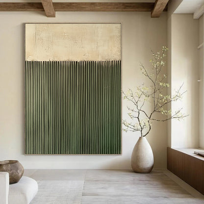 Contemporary hand-painted abstract art featuring a textured green wall with vertical lines against a soft gray background, creating a compelling visual contrast. DLZ1711