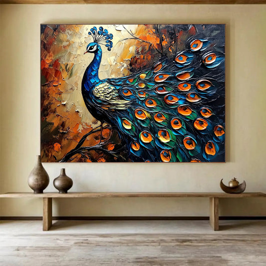 “Blue Gold Orange Peacock Relief” - Blue, gold, orange, green; Textured peacock portrait HB1294
