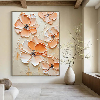 Contemporary abstract art features peach-colored flowers against a cream background with an embossed effect in beige and white for an elegant aesthetic. DLZ1688