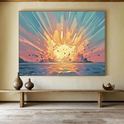 “Explosive Coastal Sunset” - Orange, Blue, Dynamic Coastal Explosion Painting On Canvas HB0891